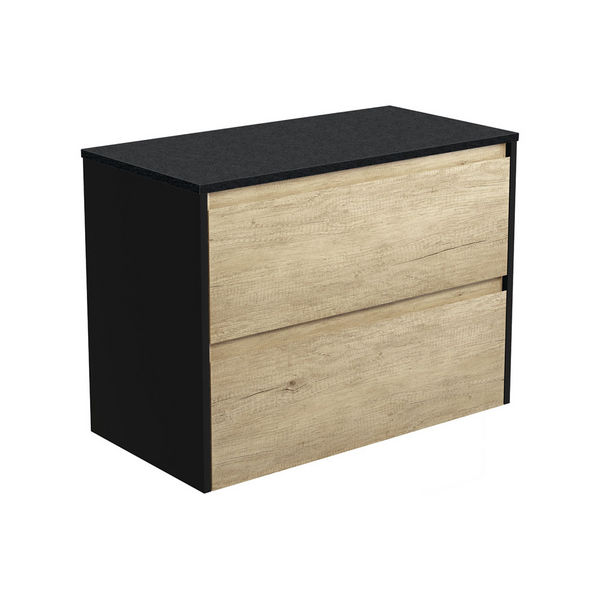 Fienza 90BSB Amato 900 Wall Hung Cabinet, Satin Black Panels, Scandi Oak, Cabinet Only - Special Order
