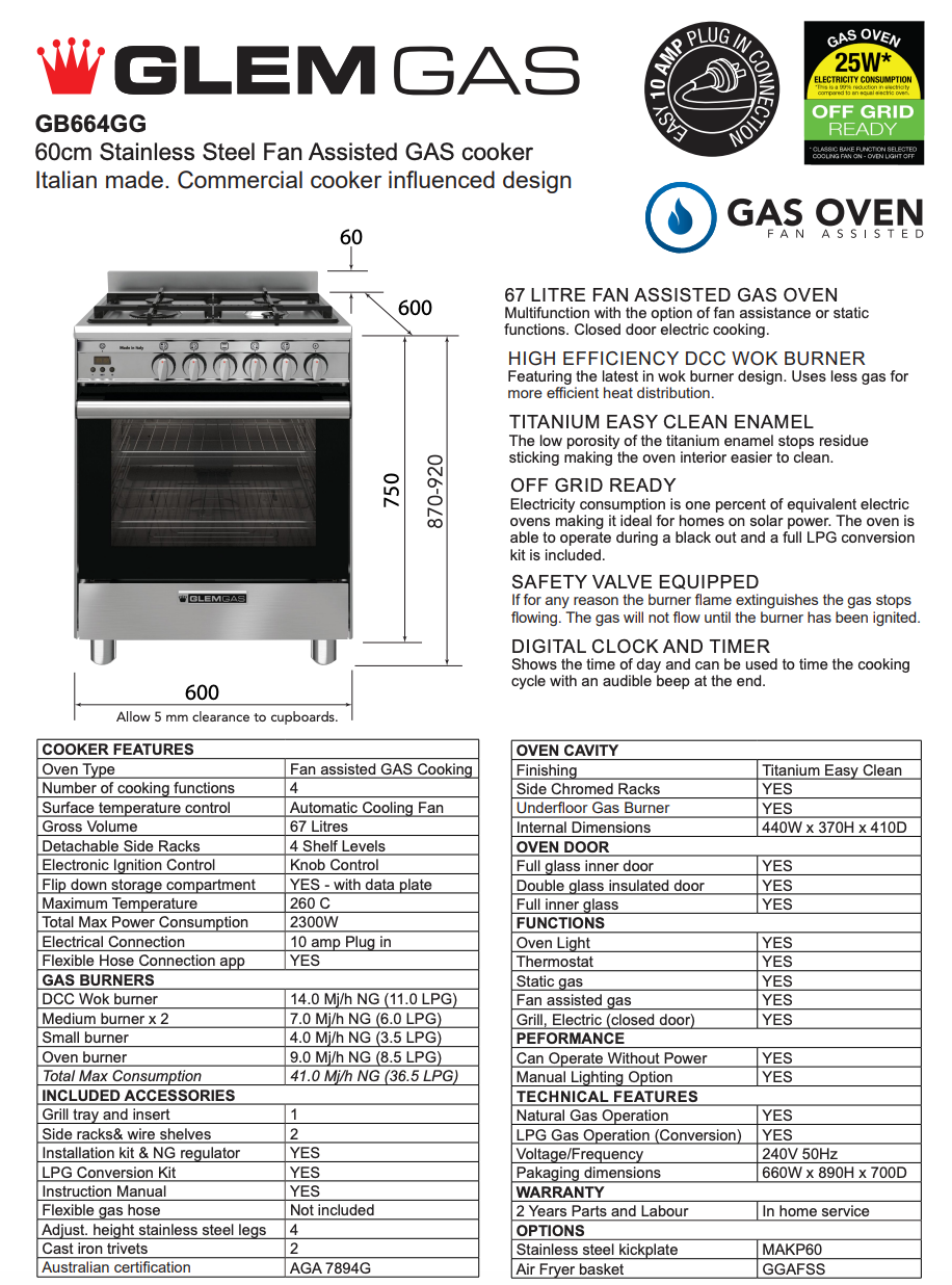 Glem GB664GG 60cm Stainless Steel Italian Made Gas Stove - Special Order