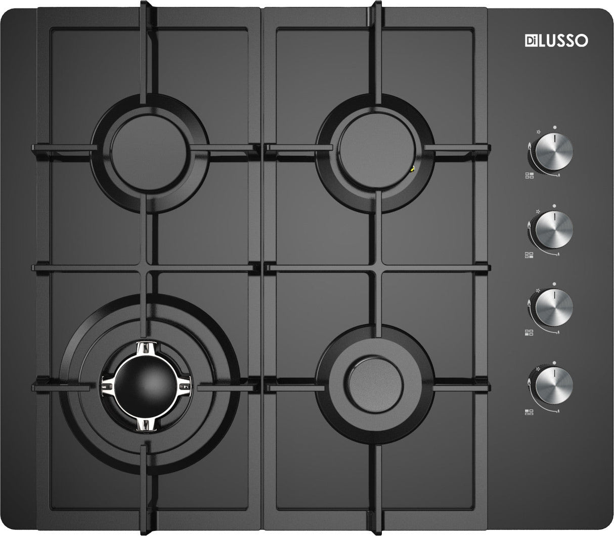 Di Lusso GC604MBFC 60cm Black Glass Gas Cooktop, Cast Iron Trivets