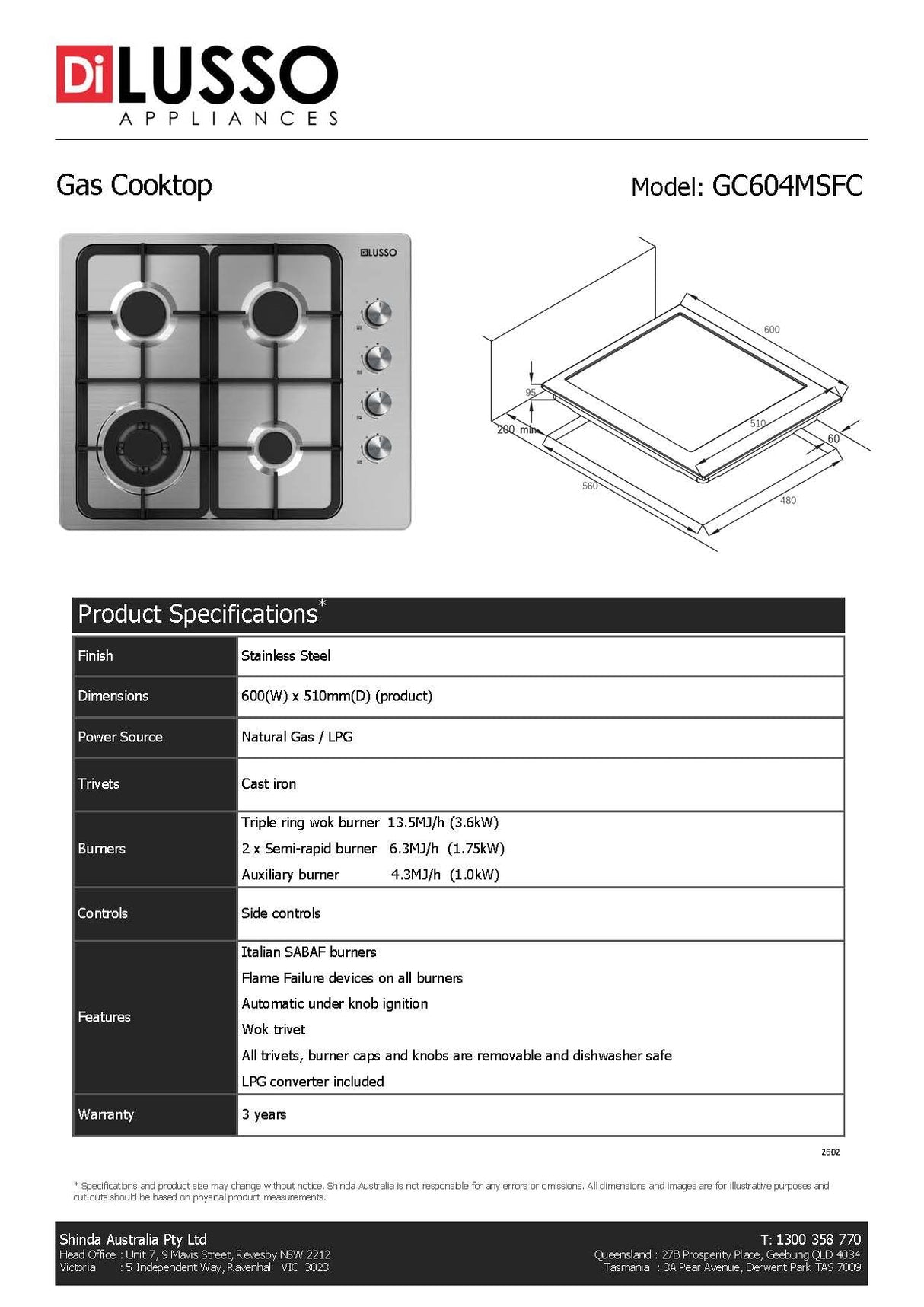 Di Lusso GC604MSFC 60cm Stainless Steel Gas Cooktop, Cast Iron Trivets