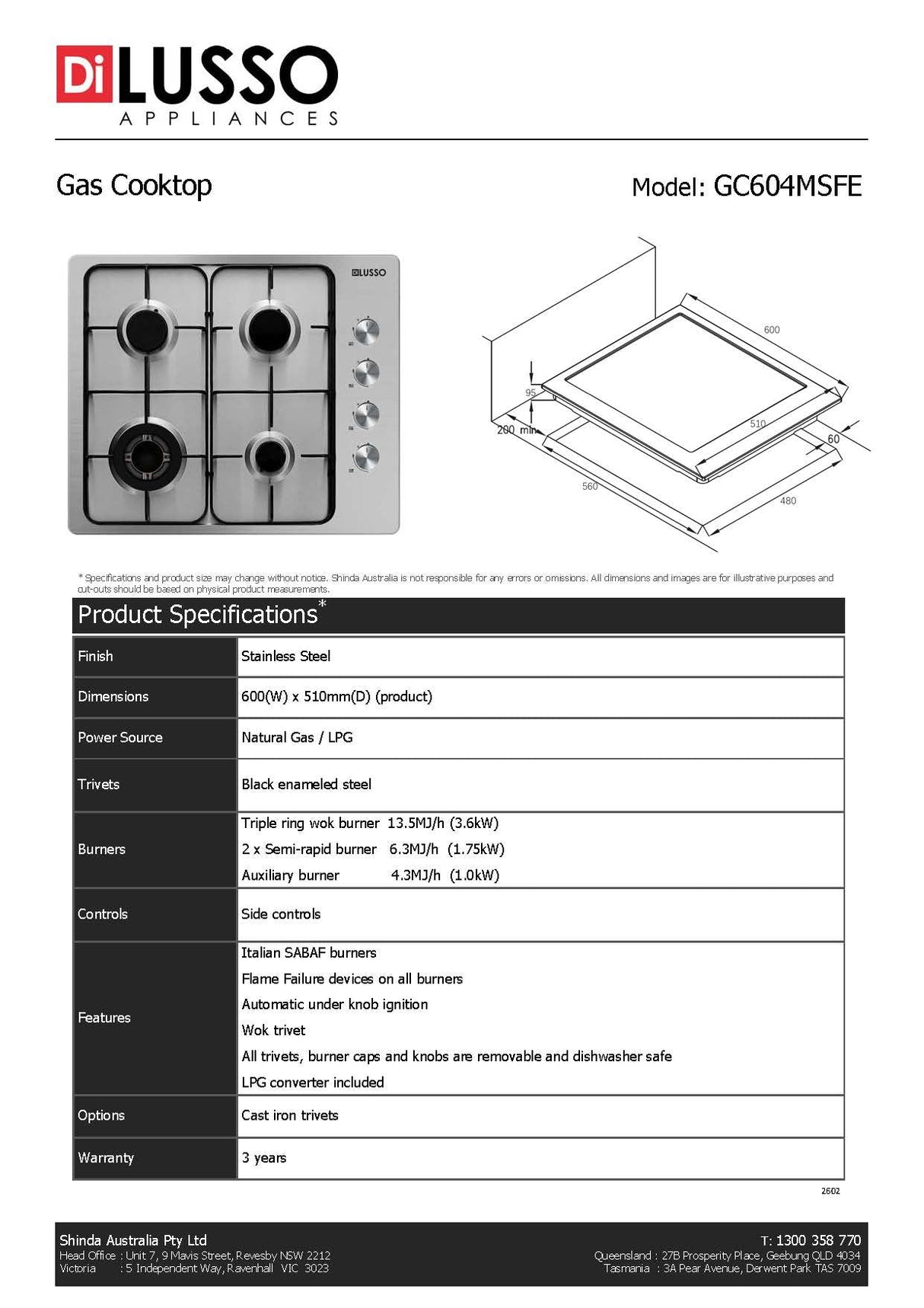 Di Lusso GC604MSFE 60cm 4 Burner Gas Cooktop, Enamel Trivets