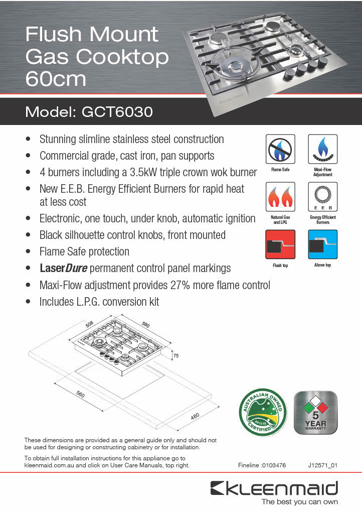 Kleenmaid GCT6030 60cm Stainless Steel Gas Cooktop