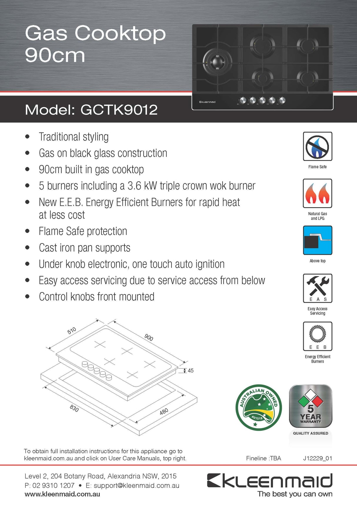 Kleenmaid GCTK9012 90cm Black Glass Cooktop