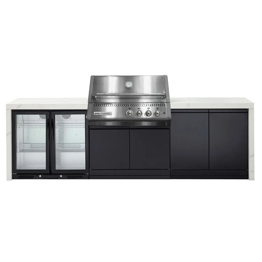 CROSSRAY GD4KW-05 Premium XPlor 4 Burner Stainless Steel Gas BBQ Outdoor Kitchen with Double Drinks Fridge, White Top