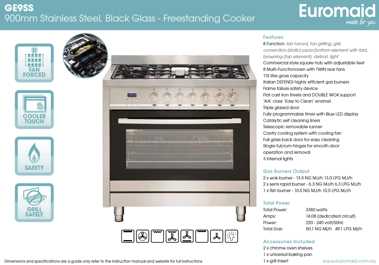 Euromaid GE9SS 90cm Stainless Steel Dual Fuel Freestanding Stove - Ex Display Discount