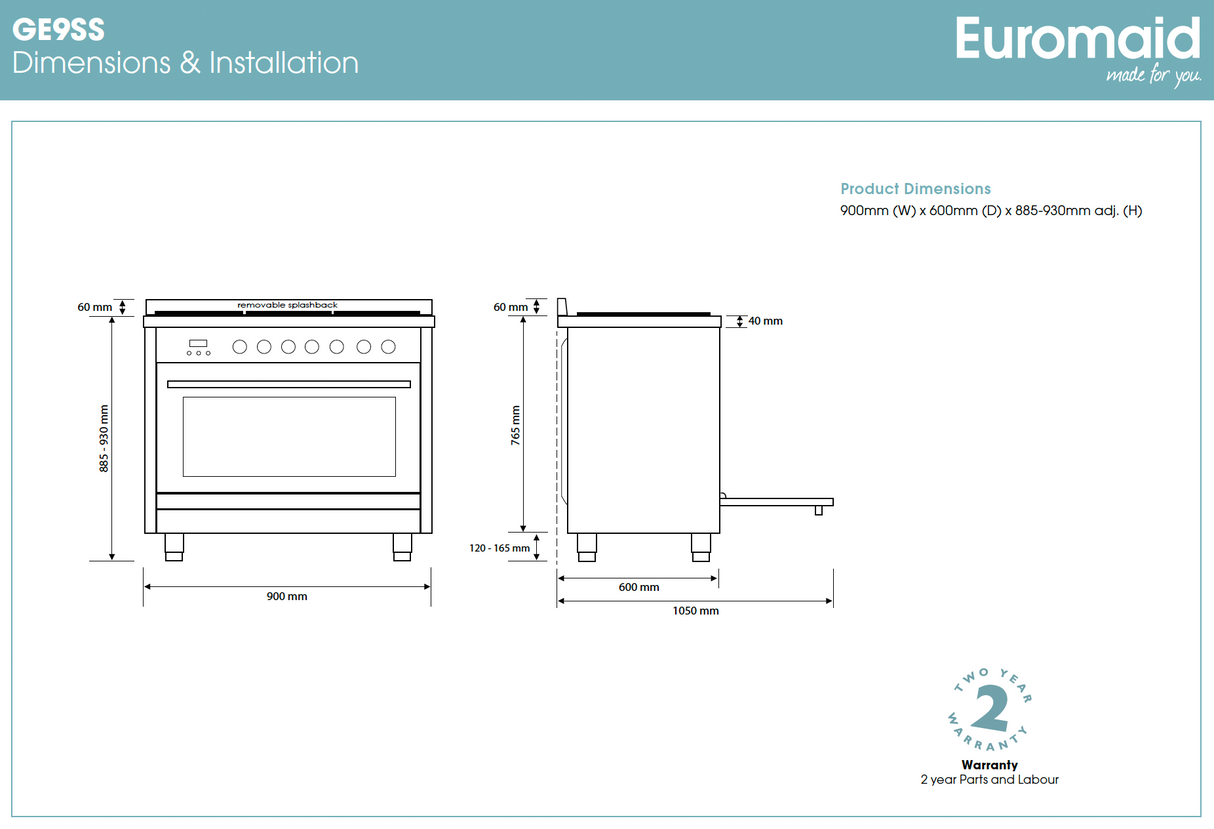 Euromaid GE9SS 90cm Stainless Steel Dual Fuel Freestanding Stove - Ex Display Discount