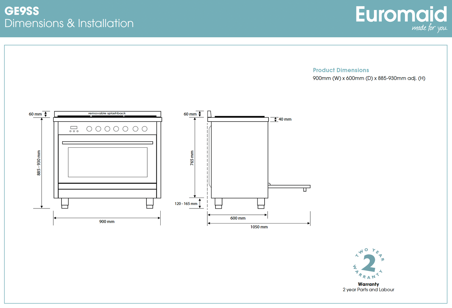 Euromaid GE9SS 90cm Stainless Steel Dual Fuel Freestanding Stove - Ex Display Discount