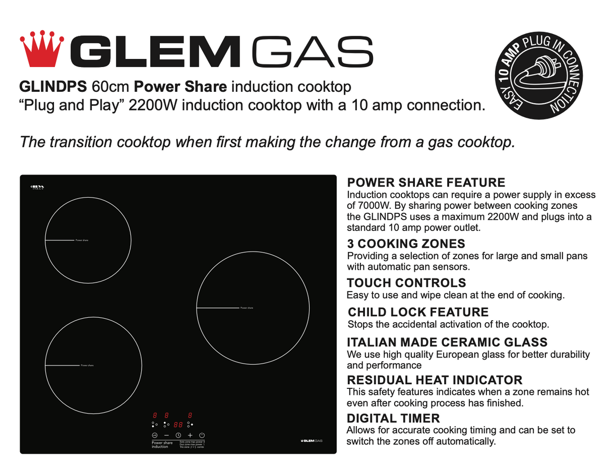 Glem GLINDPS 60cm 3 Zone Induction Cooktop + Power Share, 10amp Plug Connection