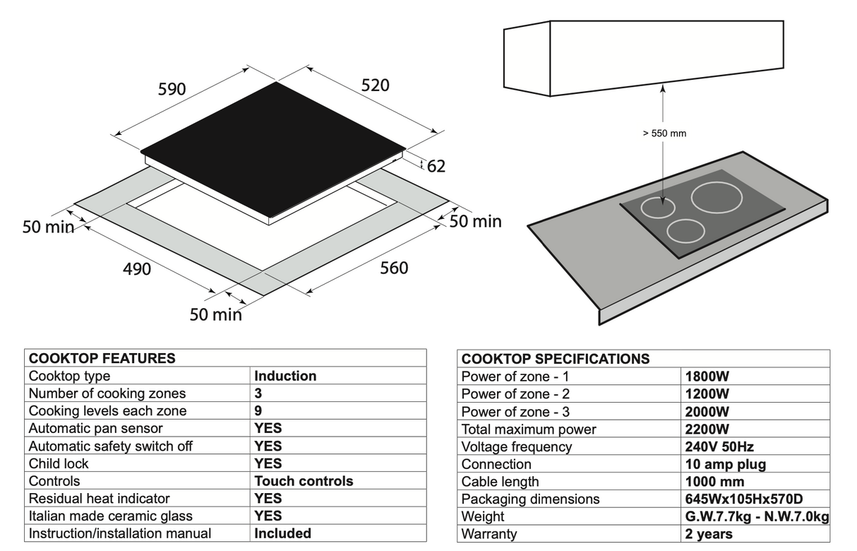 Glem GLINDPS 60cm 3 Zone Induction Cooktop + Power Share, 10amp Plug Connection