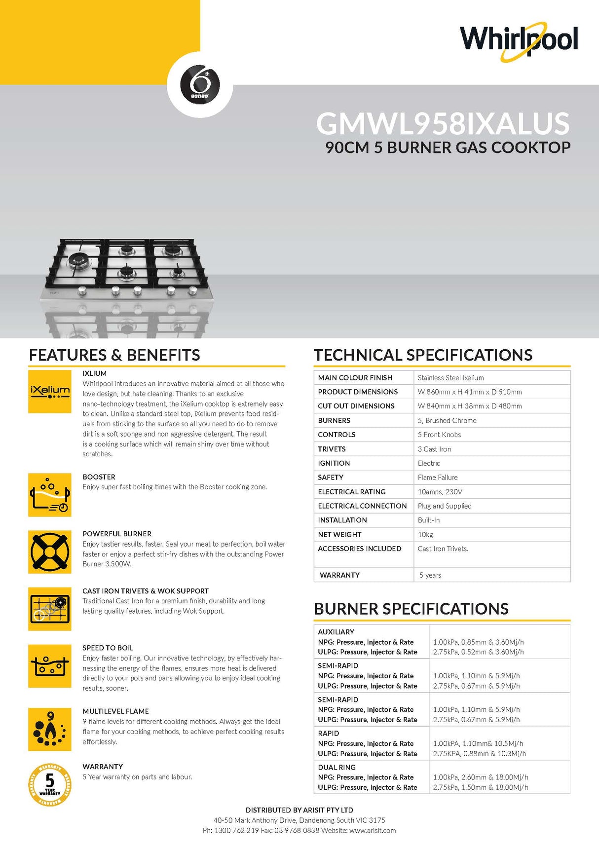 Whirlpool GMWL958IXLAUS 90cm 5 Burner Gas Cooktop In Stainless Steel