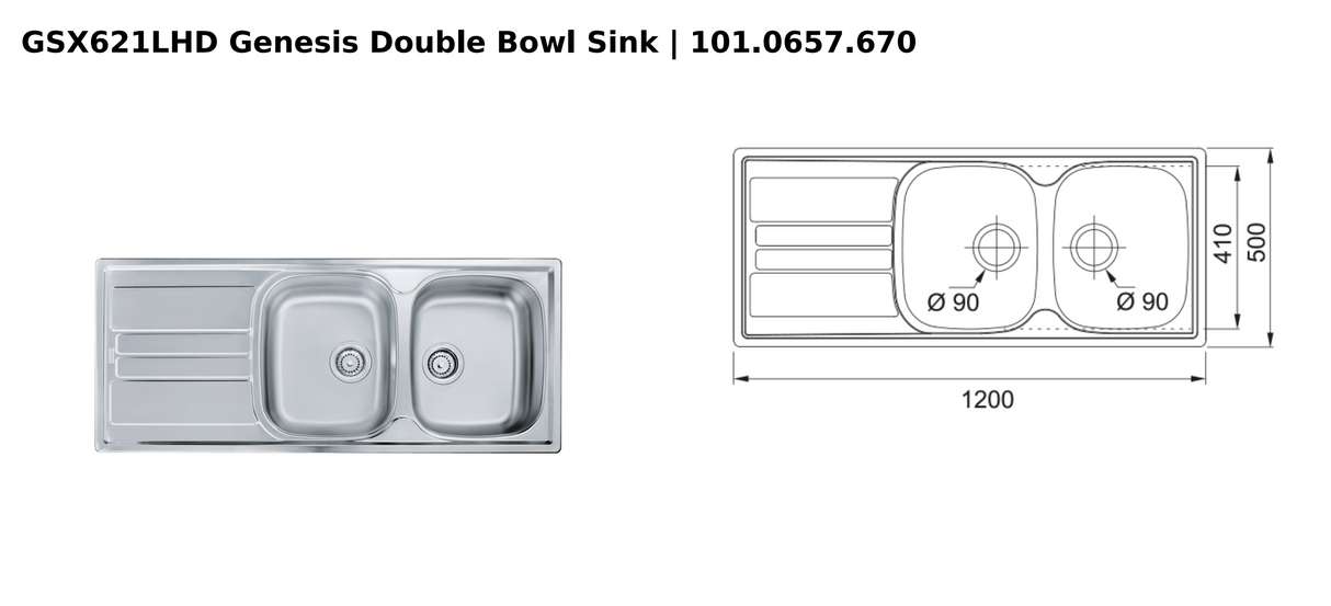 Franke GSX621LHD Genesis Double Bowl Sink, Stainless Steel, Right Hand Drainer