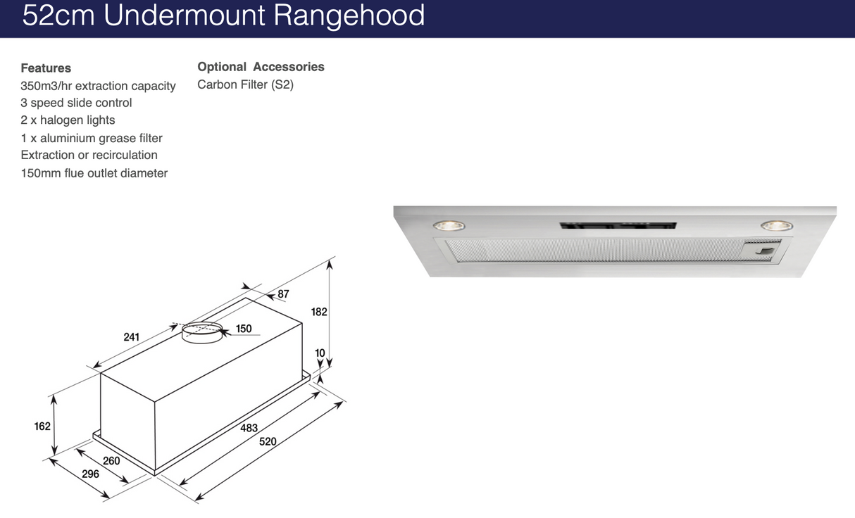 Baumatic GUH52SD 52cm Stainless Steel Undermount Rangehood