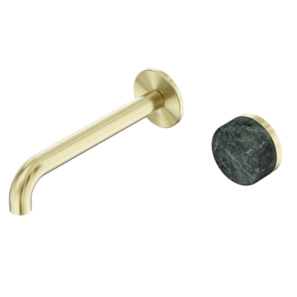 Nero Serenity Progressive Wall Basin Mixer 220mm Spout w/ Verde Alpi Handle Brushed Gold 24E074BG