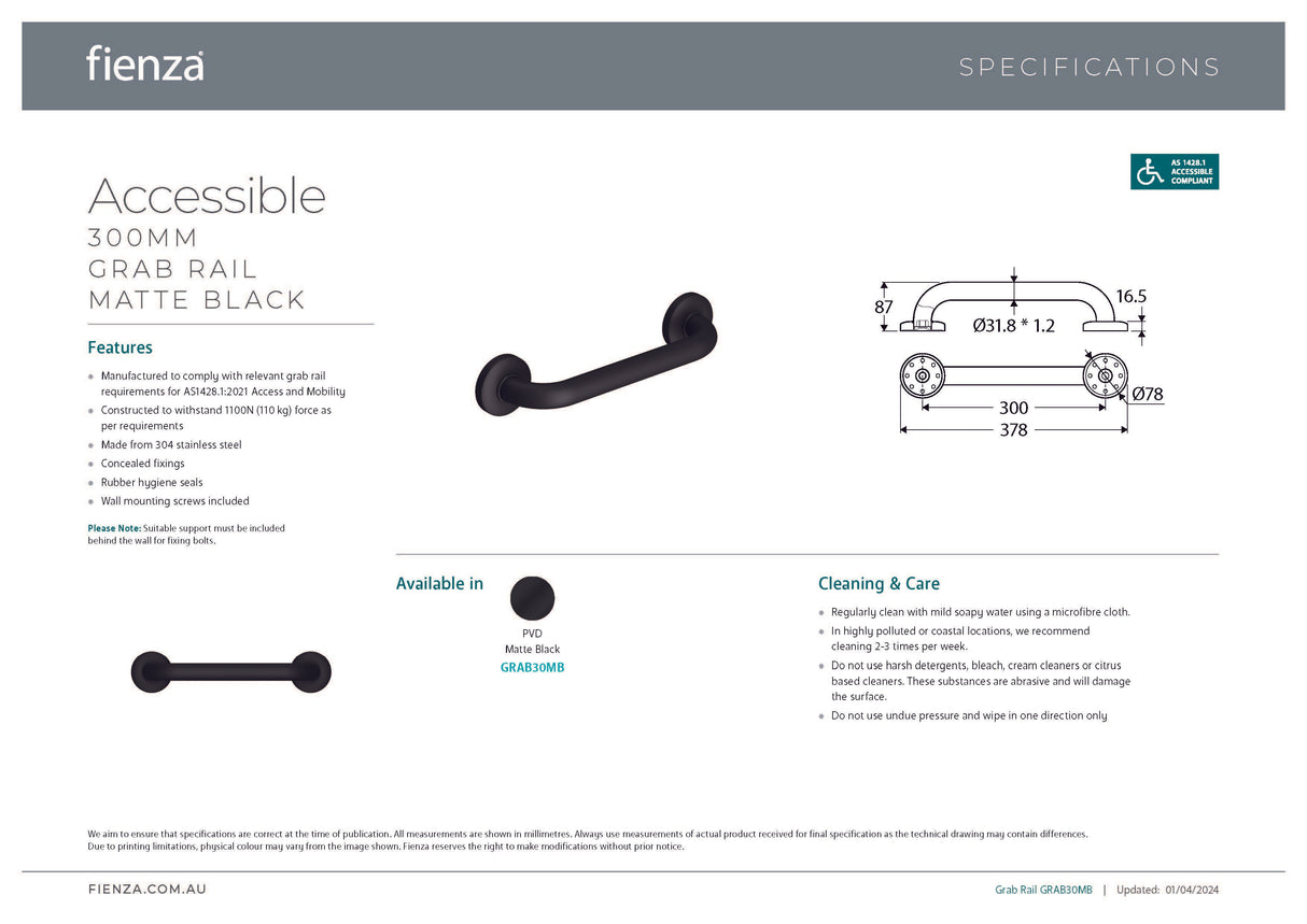 Fienza GRAB30MB Accessible Care 300mm Grab Rail, Matte Black