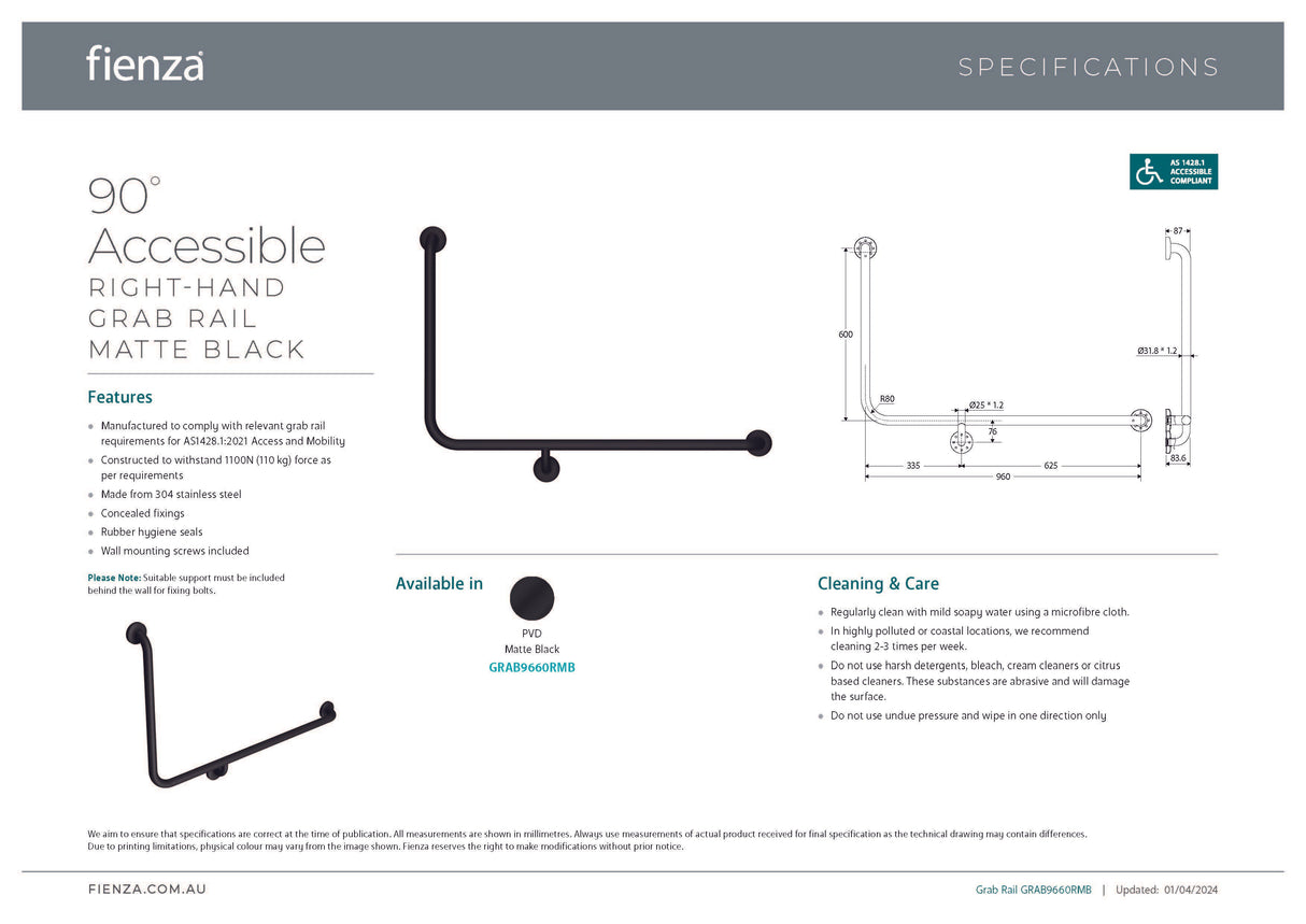 Fienza GRAB9660RMB 90° Accessible Care Right-Hand Grab Rail, Matte Black