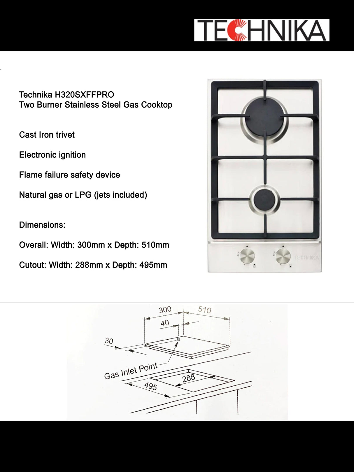 Technika H320SXFFPRO Two Burner Stainless Steel Gas Cooktop