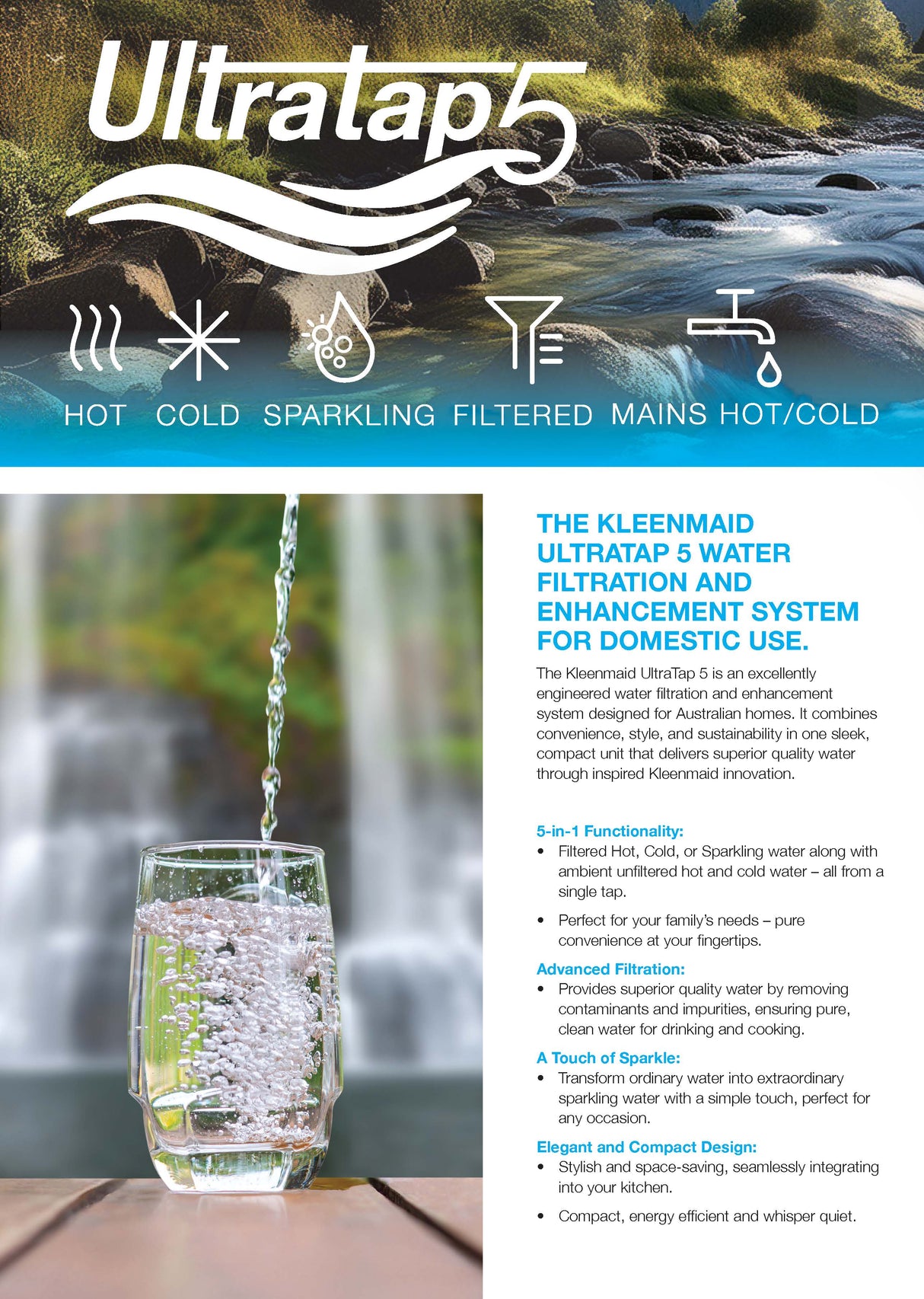 Kleenmaid HCSUB511-C Ultratap 5 Water Filtration & Enhancement System, Filtered Boiling, Filtered Chilled, Sparkling Mixer Tap