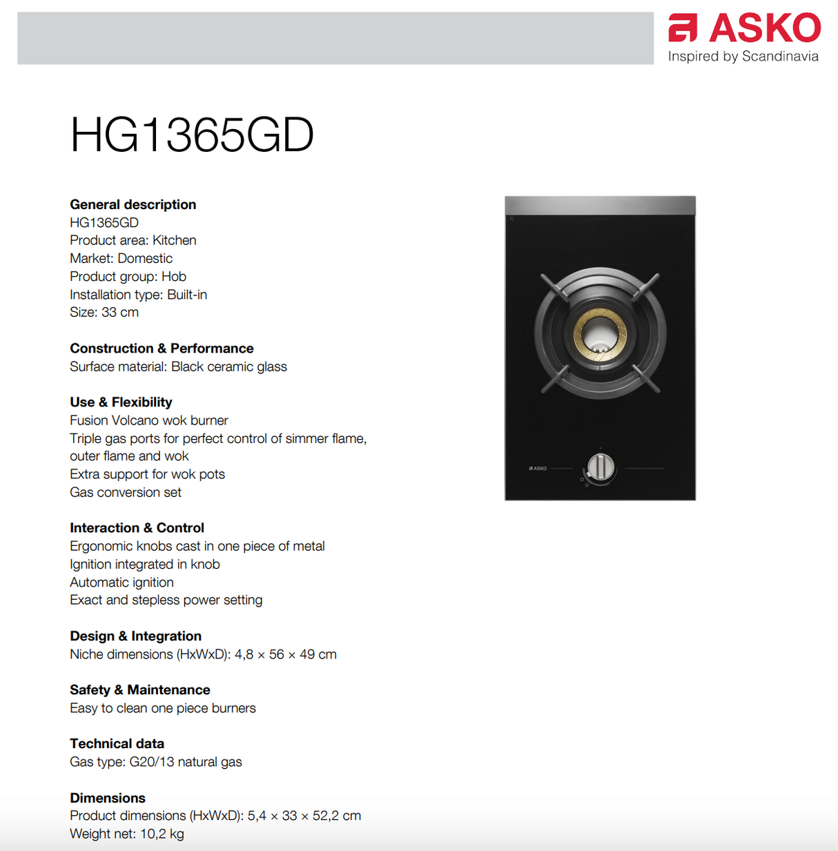ASKO HG1365GD Premium 33cm Black Gas Cooktop - Factory Seconds