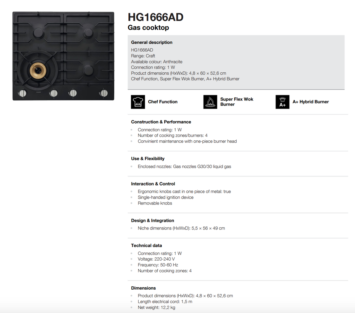 ASKO 60cm Natural Gas Cooktop with Super Flex Wok Burner Black Matte HG1666AD - Ex Display