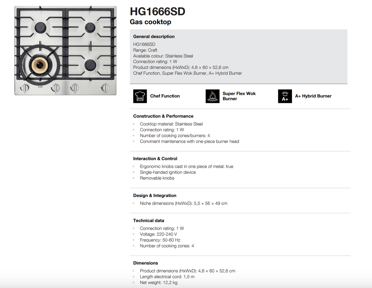 ASKO 60cm Natural Gas Cooktop with Super Flex Wok Burner Stainless Steel HG1666SD -Factory Seconds