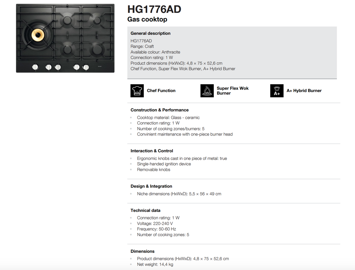 ASKO 75cm Natural Gas Cooktop with Super Flex Wok Burner Black Matte HG1776AD - ASKO Seconds Discount