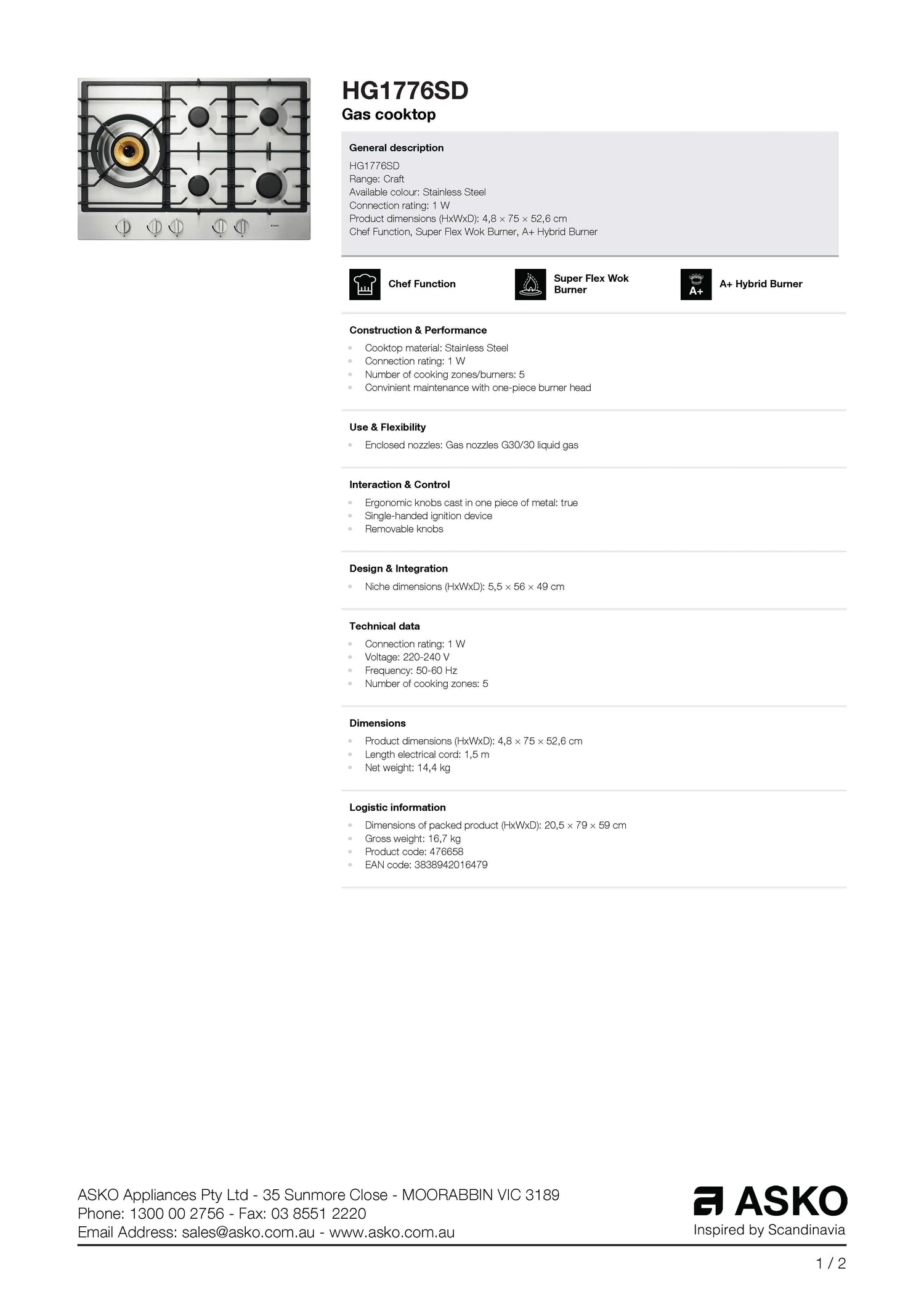 ASKO 75cm Natural Gas Cooktop with Super Flex Wok Burner Stainless Steel HG1776SD - Ex Display