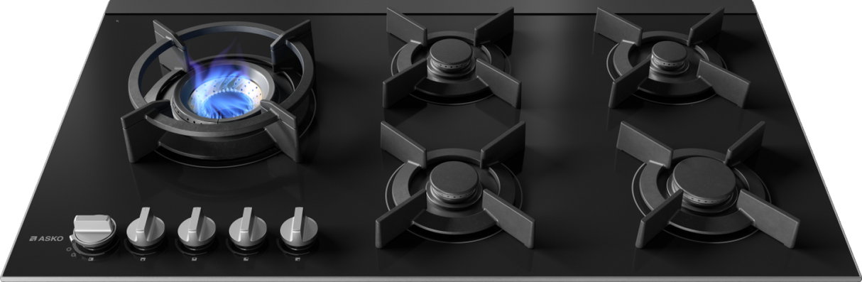 Asko 90cm Gas 5 Burner Cooktop with Fusion Volcano Burner Black Glass HG8953BGD1 - ASKO Seconds Discount