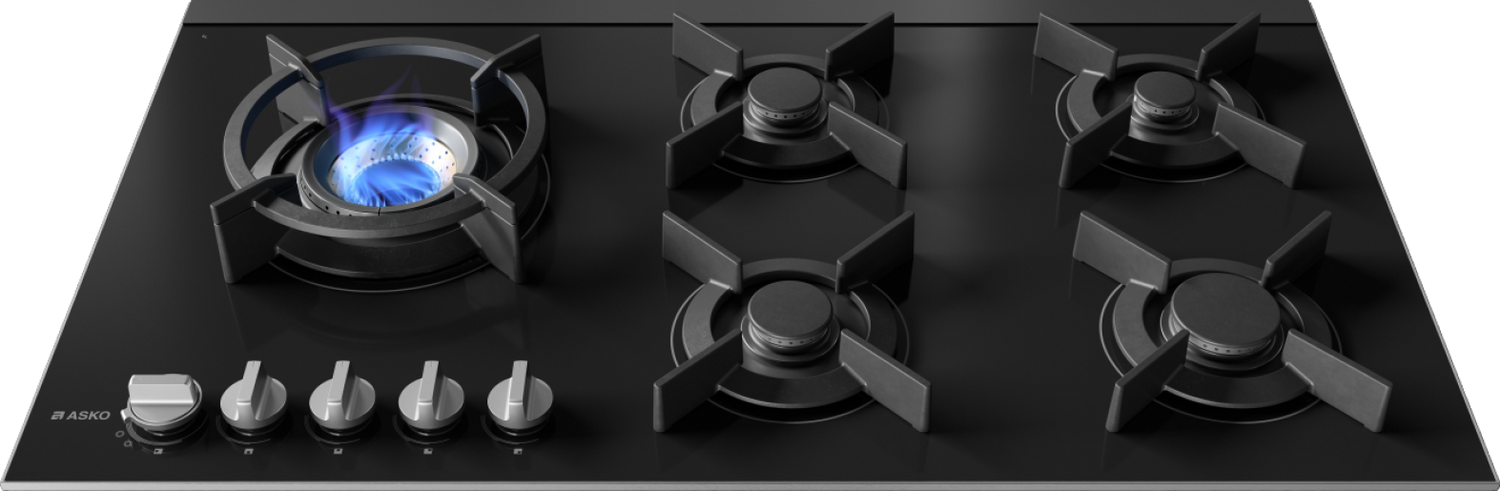 Asko 90cm Gas 5 Burner Cooktop with Fusion Volcano Burner Black Glass HG8953BGD1 - ASKO Seconds Discount