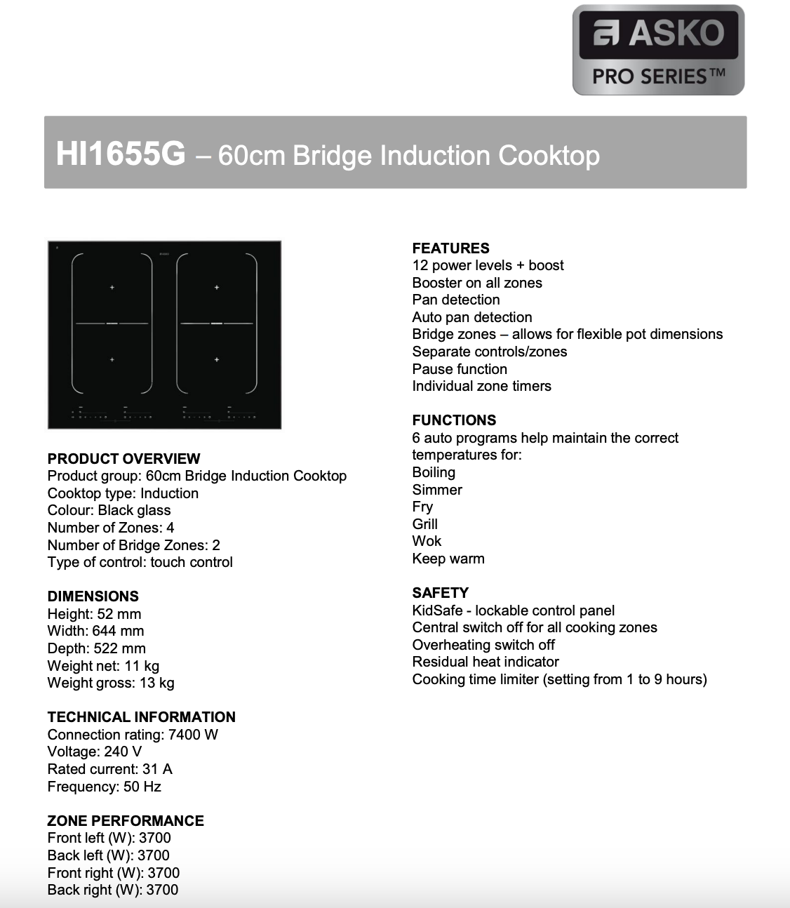 ASKO 65cm Pro Series Induction Cooktop HI1655G -Factory Seconds