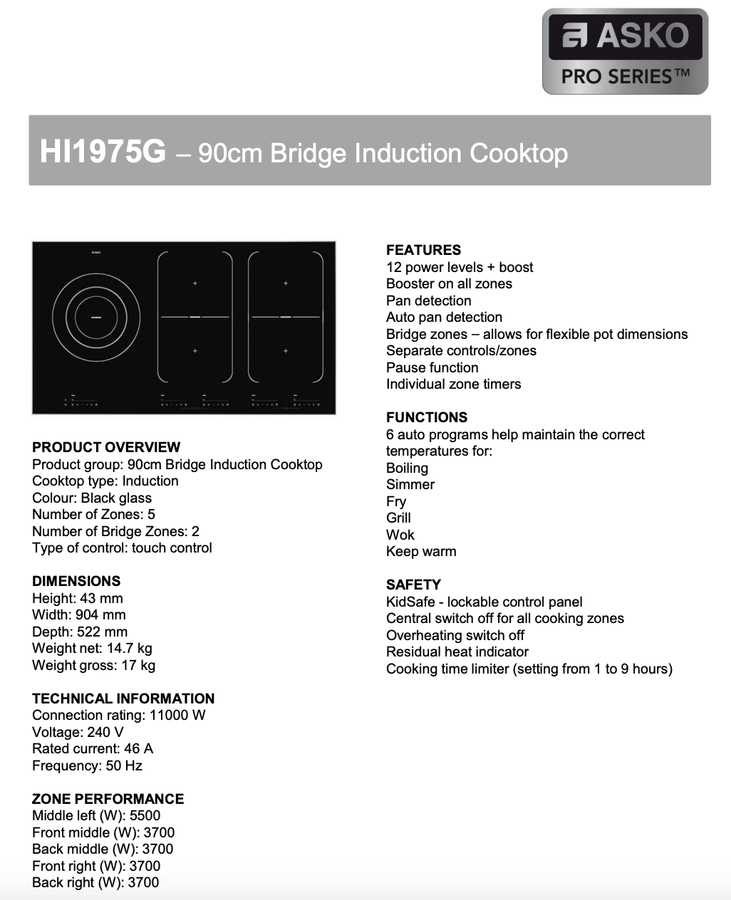 ASKO 90cm Pro Series Induction Cooktop HI1975G - Ex Display Discount