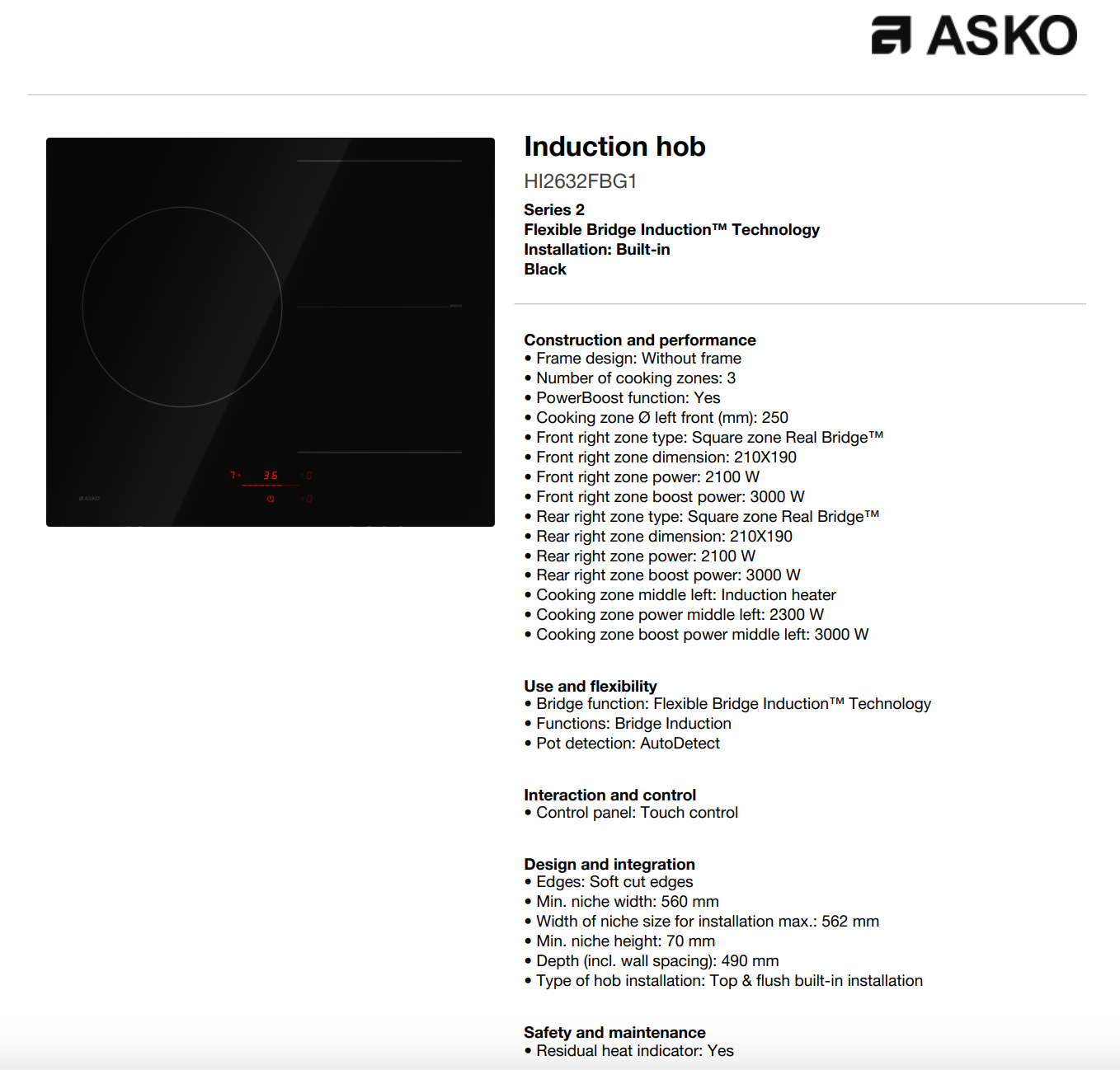 ASKO 60cm 3 Zone Bridge Induction Cooktop HI2632FBG1 - ASKO Seconds Discount