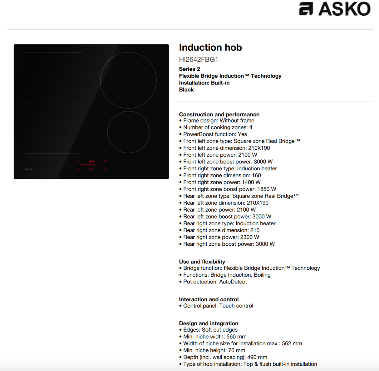 ASKO 60cm 4 Zone Bridge Induction Cooktop HI2642FBG1 - ASKO Seconds Discount