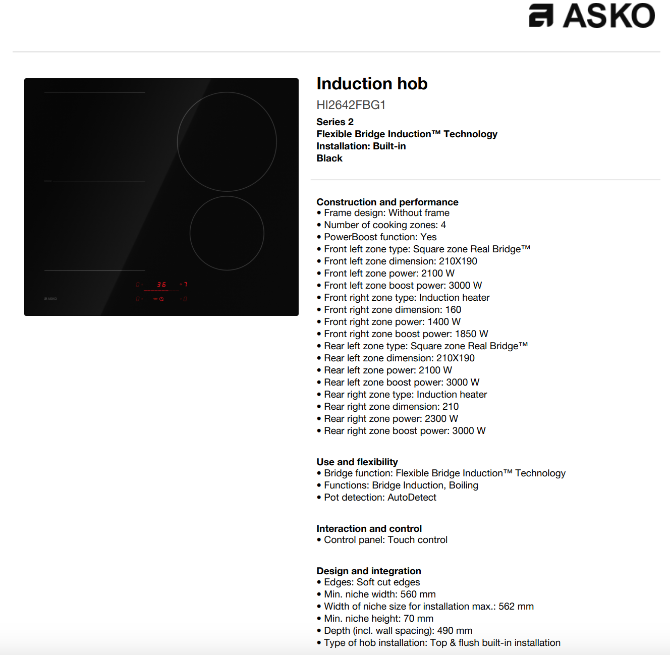 ASKO 60cm 4 Zone Bridge Induction Cooktop HI2642FBG1 - ASKO Seconds Discount