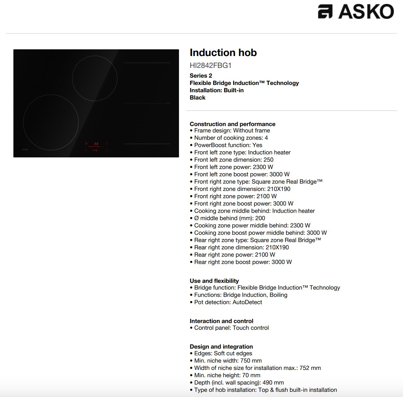 ASKO 80cm 4 Zone Bridge Induction Cooktop HI2842FBG1 - ASKO Seconds Discount