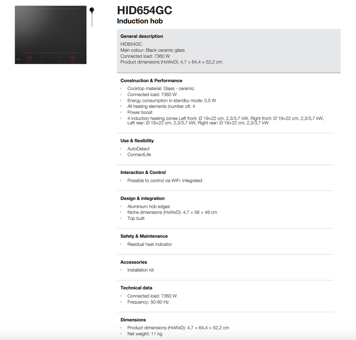 ASKO 64cm 4 Zone Induction Cooktop HID654GC - Factory Seconds