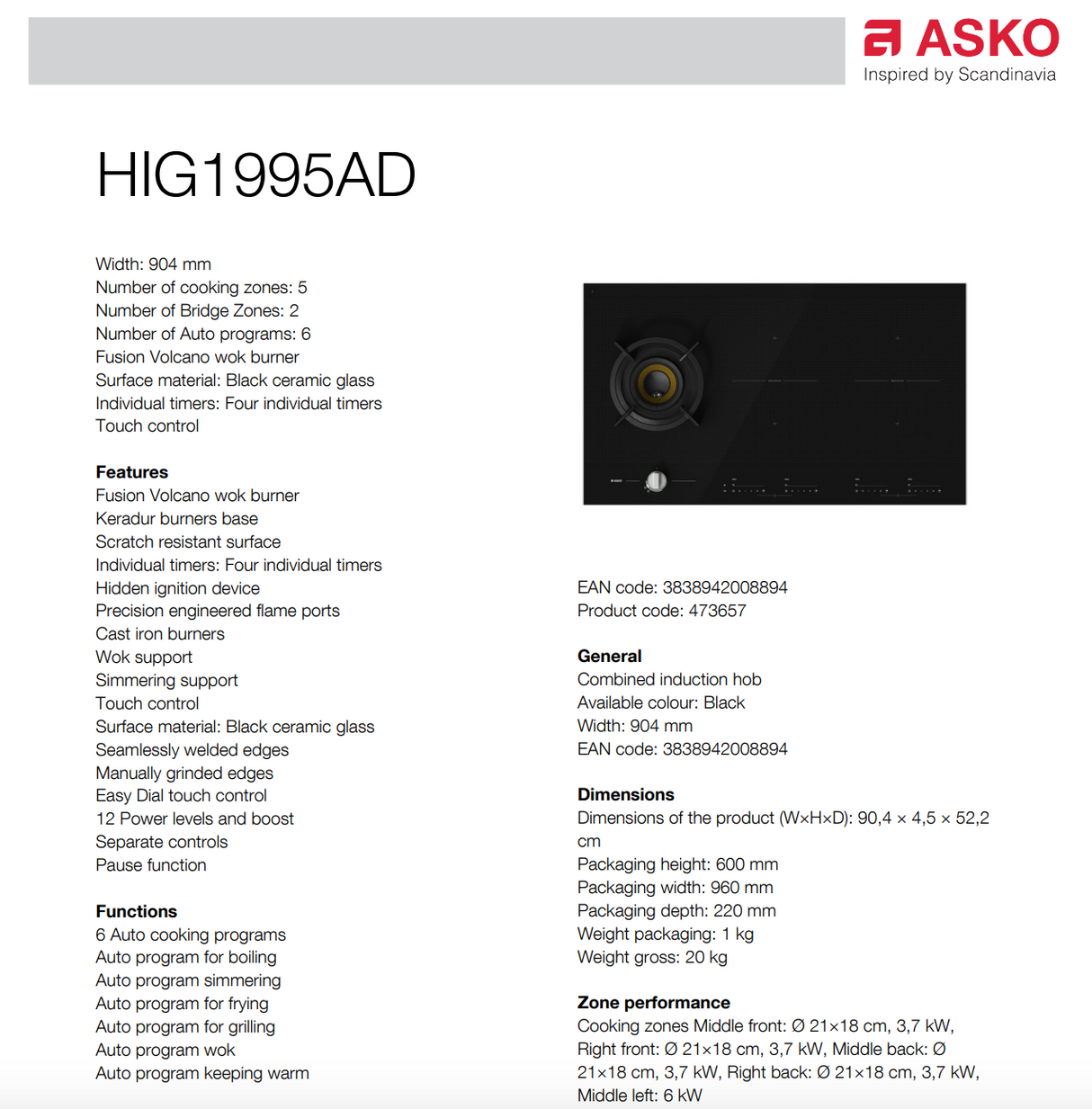 ASKO HIG1995AD 90cm Pro Series Duo Fusion Cooktop - Ex Display