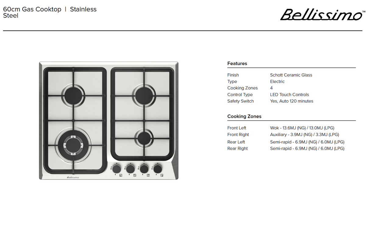 Technika HTB64GWS 4 Burner Stainless Steel Gas Cooktop