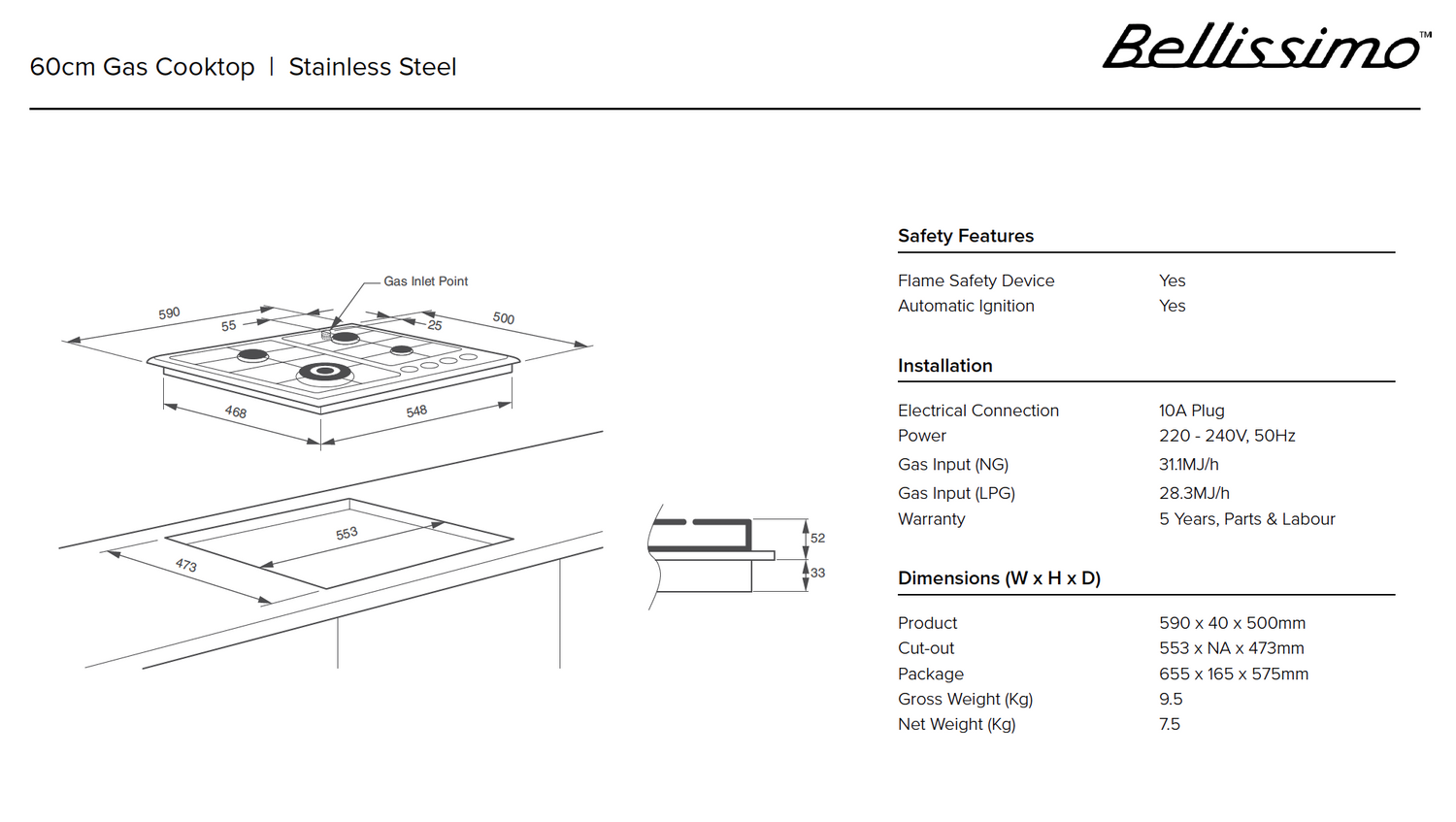 Technika HTB64GWS 4 Burner Stainless Steel Gas Cooktop
