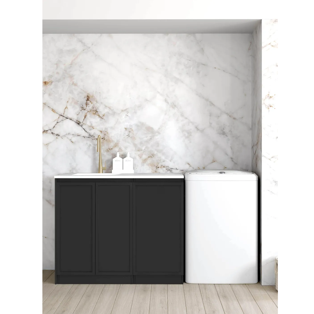 Otti LA-1060-BOHB-NCA Hampshire Laundry Cabinet, 1060mm, Black / Natural Carrara Marble Top