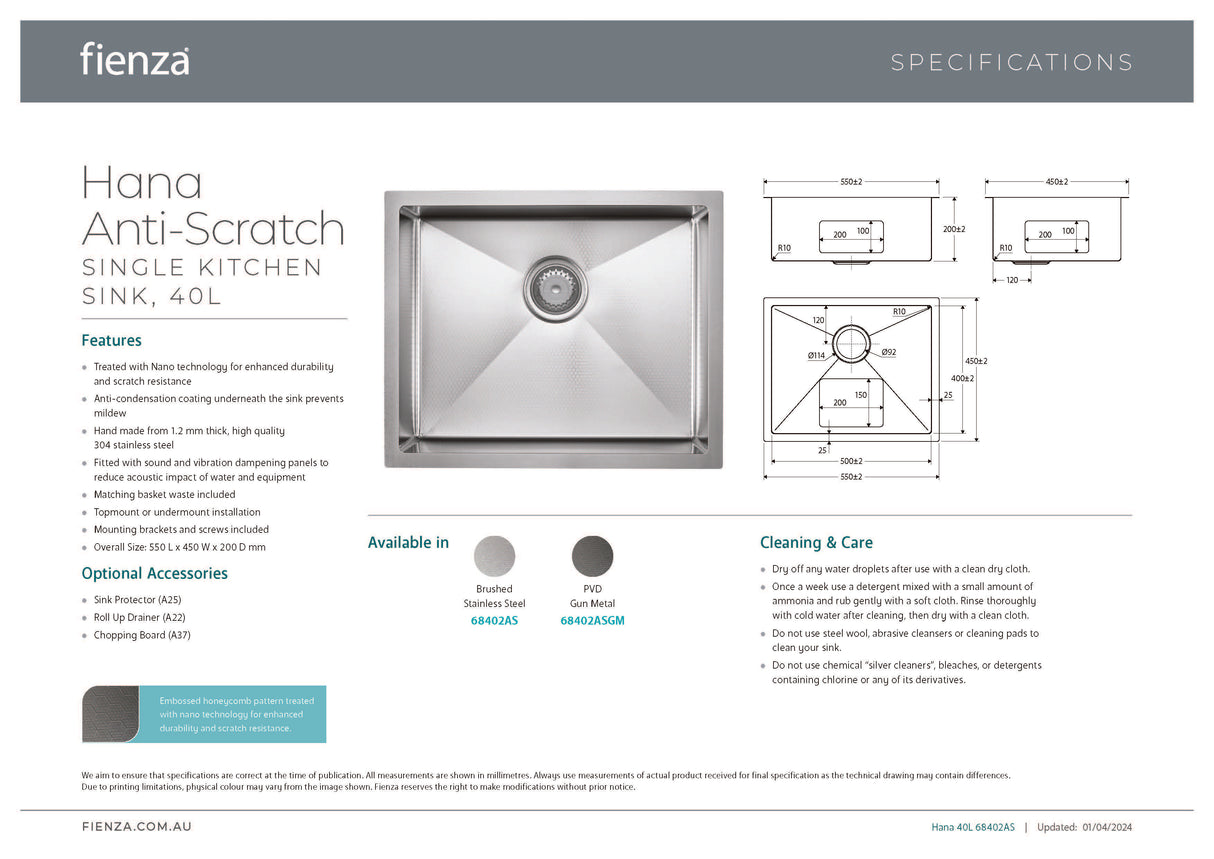 Fienza 68402AS Hana Single Bowl Sink, Anti Scratch, Stainless Steel, 550x450x200mm