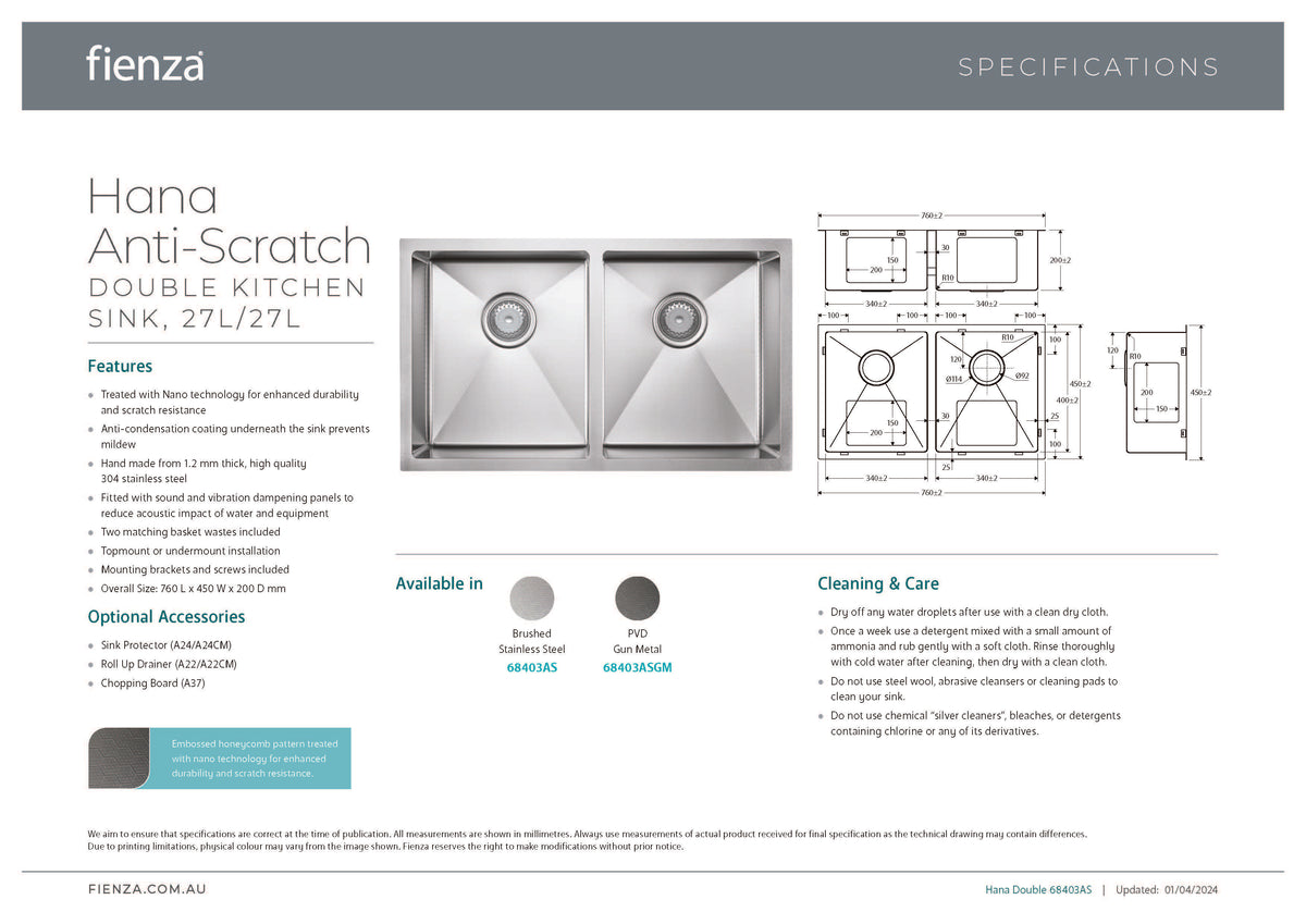 Fienza 68403AS Hana Anti Scratch Double Bowl Sink, 760x450x200mm, Stainless Steel