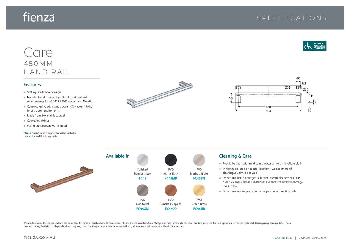 Fienza FC45UB Care Slimline Hand Grab Rail, 450mm, Urban Brass