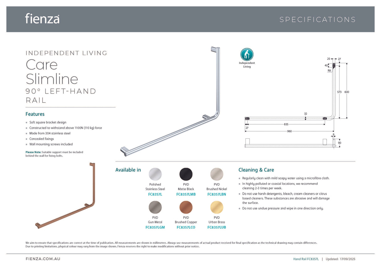 Fienza FC8357LCO 90° Care Slimline Left-Hand Grab Rail, Brushed Copper