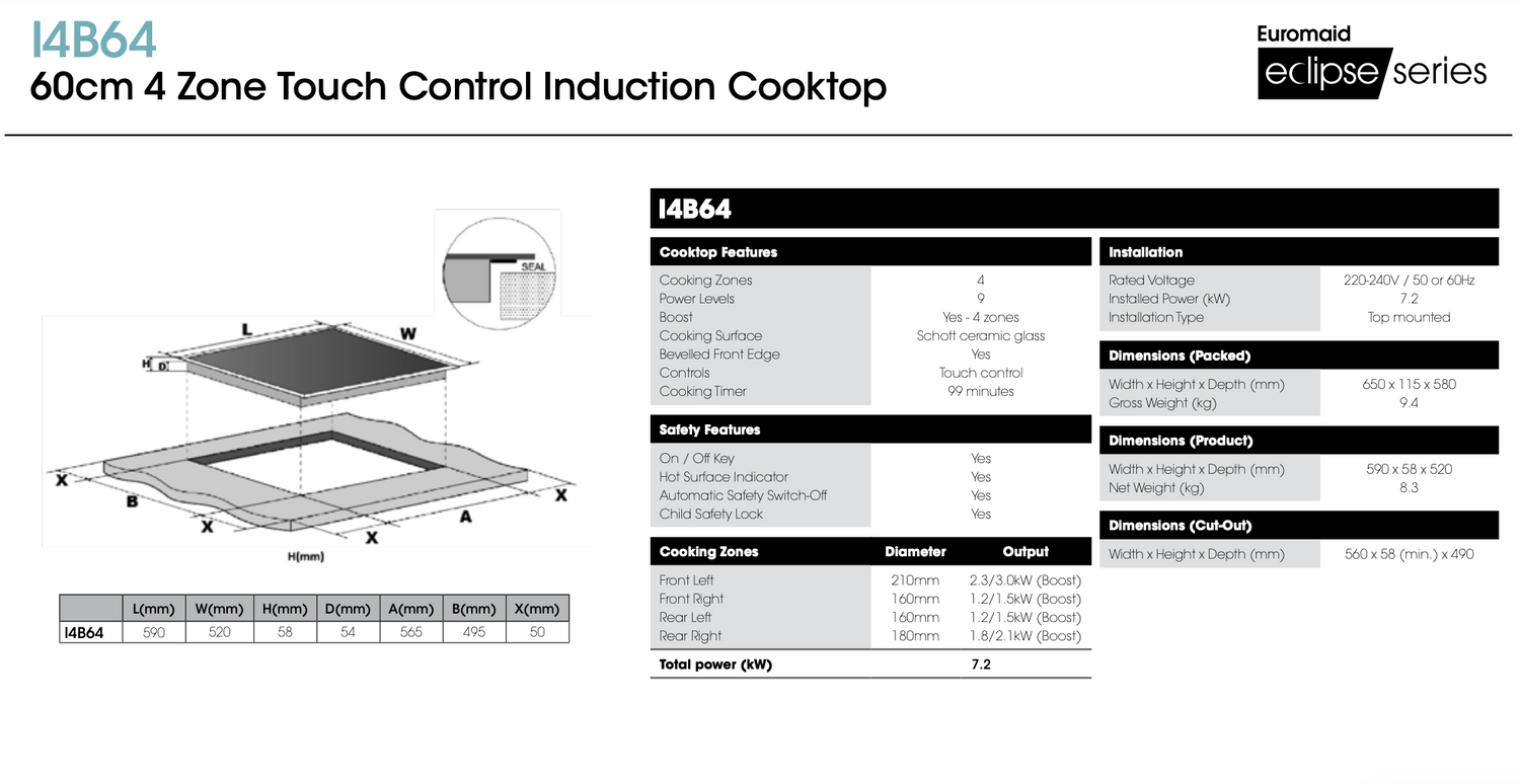 Euromaid I4B64 60cm Induction Cooktop with 4 Zones, Black - Ex Display Discount