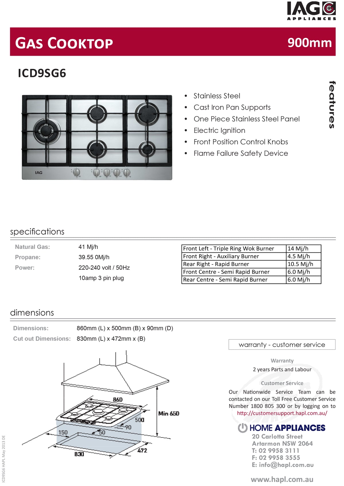 IAG ICD9SG6 90cm Stainless Steel Gas Cooktop