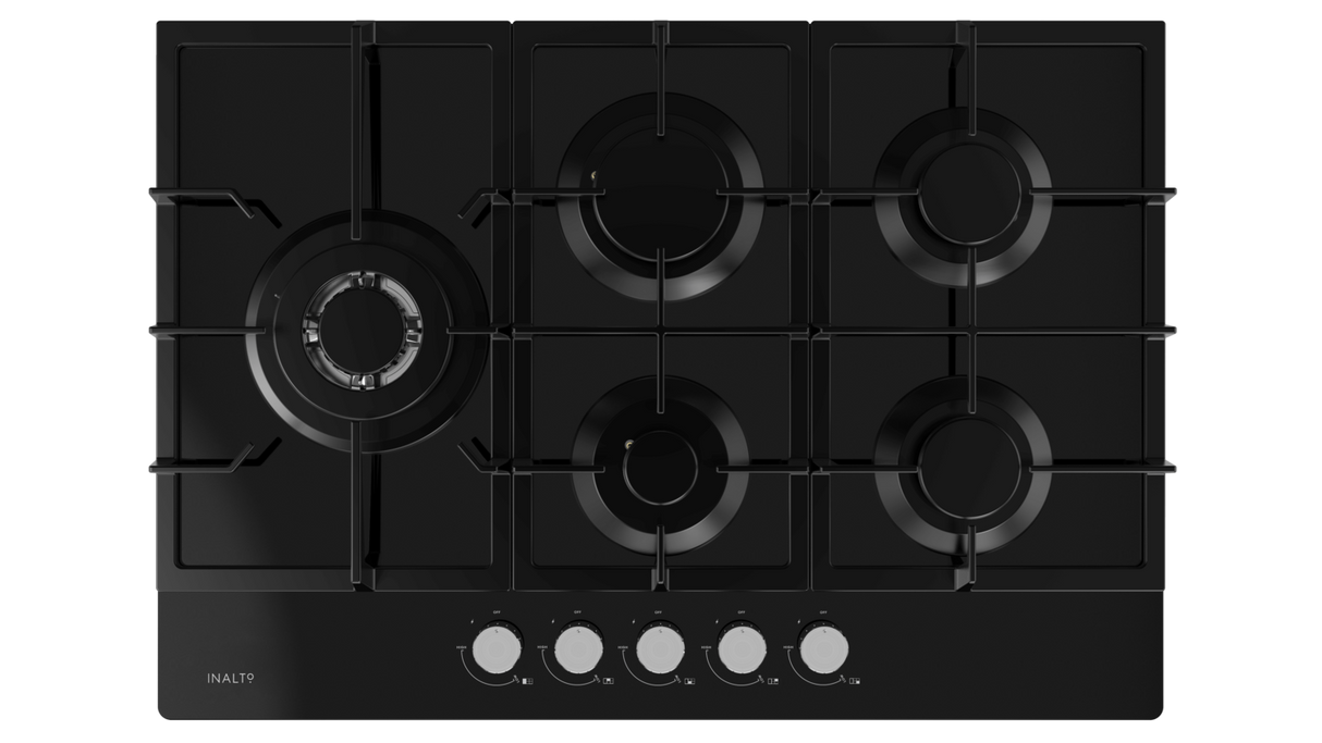 Inalto Icgg755W 75Cm Gas On Black Glass Cooktop With Wok Burner
