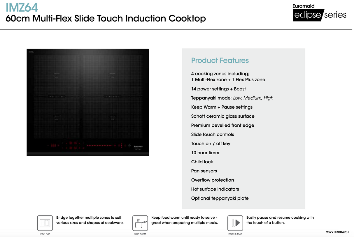 Euromaid IMZ64 60cm Induction Cooktop With 4 Zones and Multi-Flex, Black - Ex Display Discount