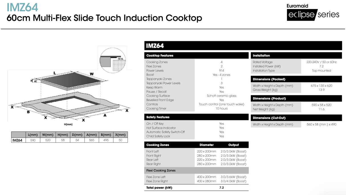 Euromaid IMZ64 60cm Induction Cooktop With 4 Zones and Multi-Flex, Black - Ex Display Discount