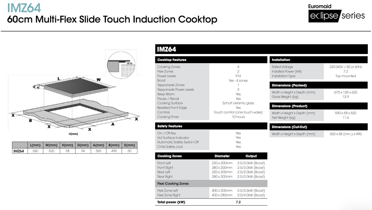 Euromaid IMZ64 60cm Induction Cooktop With 4 Zones and Multi-Flex, Black - Ex Display Discount
