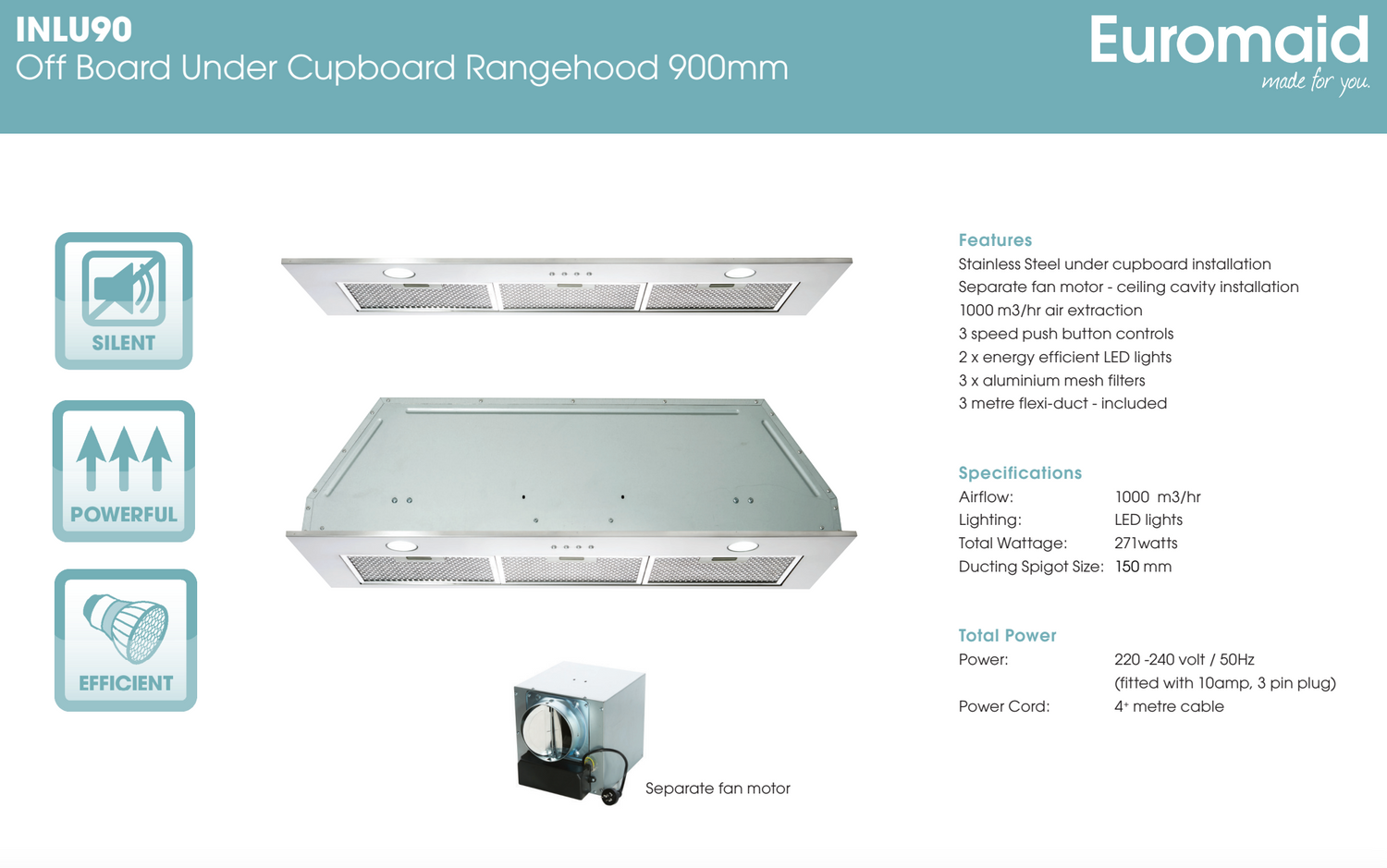 Euromaid INLU90 90cm Off Board Motor Under Cupboard Rangehood - Ex Display Discount